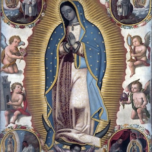May include: A painting depicting the Virgin Mary, standing on a crescent moon, surrounded by angels and other figures. The Virgin Mary is wearing a blue robe with gold stars and a white dress. She is holding her hands in prayer. The painting is set against a gold background with rays of light emanating from the Virgin Mary.