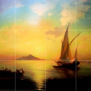 May include: A painting of a sailboat with a sunset in the background. The sailboat is in the foreground of the image, and the sunset is in the background. The sky is a mix of blue, yellow, and orange. The water is a dark blue. There is a small island in the distance.