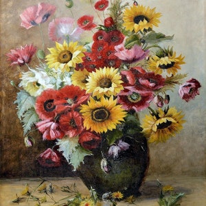 Still Life Flowers vase Sunflowers Poppies by Konstantin Makovsky Accent Tile Mural Kitchen Bathroom Wall Backsplash One Tile Ceramic