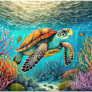 May include: A vibrant watercolor painting of a sea turtle swimming underwater. The turtle has a brown and orange shell, with a turquoise head and flippers. Coral and fish are also visible in the blue water.
