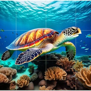 May include: A vibrant underwater scene featuring a sea turtle swimming in a blue ocean. The turtle has a colorful shell with shades of orange, yellow, and red. Coral and fish are also visible in this marine life illustration.