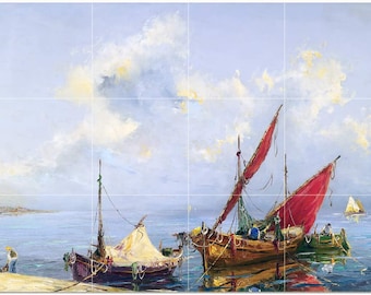 The RED SAIL by Georgy Lapshine Sea Ocean Sky Fishing Boats Coast Tile Mural Kitchen Shower Bath Wall Backsplash Marble Ceramic