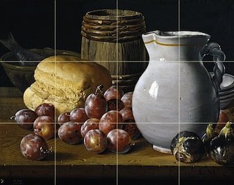 Still Life with Figs and Plums by Luis Egidio Melendez Tile Mural Kitchen Shower Bath Wall Backsplash Marble Ceramic