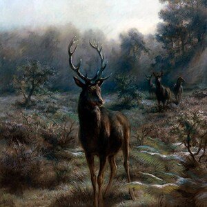May include: A painting of a large stag with antlers standing in a misty forest. The stag is brown and has a dark muzzle. The forest is filled with trees and bushes. The background is a soft blue.