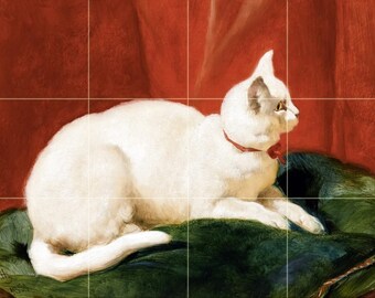 A White CAT by John Frederick Herring Tile Mural Kitchen Shower Bath Wall Backsplash Marble Ceramic