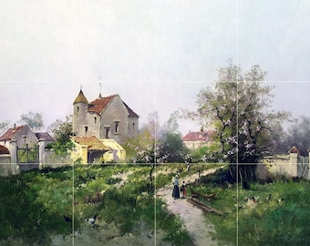 Rural Scene in The BARBIZON Suburbs by Eugene Galien-Laloue People Trees Birds Tile Mural Kitchen Shower Bath Wall Backsplash Marble Ceramic
