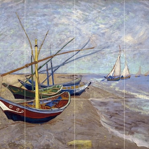 May include: A painting of a seascape with three boats on the shore and three sailboats in the distance. The boats are painted in shades of blue, green, red, and yellow. The sky is a light blue with white clouds. The water is a light blue with white waves.