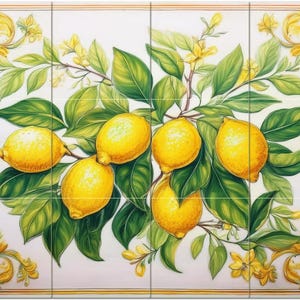 May include: A decorative tile panel featuring a vibrant illustration of lemons and foliage. The artwork showcases bright yellow lemons, lush green leaves, and delicate yellow flowers against a white background. The panel is divided into six tiles.