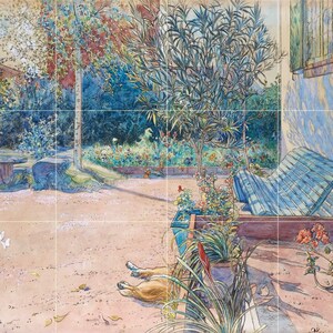 May include: Watercolor painting of a sunny garden scene. A dog rests on the ground near a planter with red flowers. A blue-tiled chaise lounge sits near a window with green shutters. Trees and flowers fill the background.