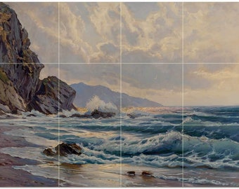 Coastal Seascape by Constantin Westchiloff Sea Ocean Waves Rocks Mountains Tile Mural Kitchen Shower Bath Wall Backsplash Marble Ceramic