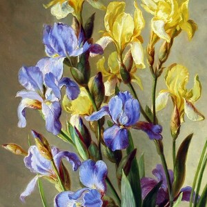 May include: A painting of a bouquet of yellow and blue irises. The flowers are arranged in a vase and are surrounded by green leaves.