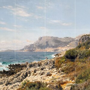 Cap Martin by Peder Monsted Sea Ocean Waves Sky Mountains Cliffs Rock Tile Mural Kitchen Shower Bath Wall Backsplash Marble Ceramic
