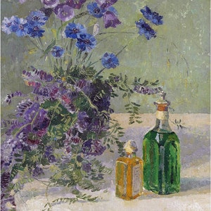 Still Life Wildflowers Bellflower Cornflower Bottles by Gerda Wegener Accent Tile Mural Kitchen Bathroom Wall Backsplash One Tile Ceramic