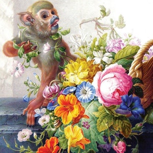 May include: A painting of a monkey holding a branch of flowers. The monkey is brown and has a long tail. The flowers are pink, yellow, blue, and white. There is a butterfly in the upper left corner of the painting.