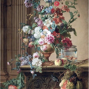 May include: A still life painting featuring a vase filled with a variety of colorful flowers, including roses, lilies, and lilacs. The vase is placed on a stone ledge with a bowl of fruit, a fishbowl with goldfish, and a bird perched on a branch.