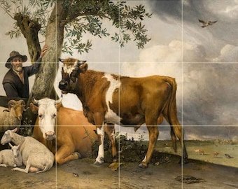 The Young Bull by Paulus Potter Tile Mural Kitchen Shower Bath Wall Backsplash Marble Ceramic