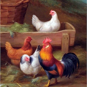 May include: A painting of four chickens in a barnyard setting. A white hen is sitting in a wooden trough. A brown hen and a white hen are standing on the ground. A rooster with red, orange, and blue feathers is standing in the foreground.