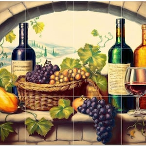 May include: An artistic still life featuring wine bottles, a glass of red wine, and a basket of grapes. The scene includes a pear, green leaves, and a scenic background, all under an arched structure. The color palette is warm, with earthy tones.
