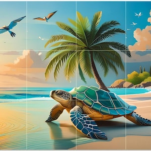 May include: A vibrant illustration of a beach scene featuring a sea turtle with a teal and blue shell, palm trees, and seagulls soaring in the sky. The artwork captures a sunny day with a golden beach, blue ocean, and a bright sun.