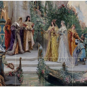 May include: A large, multi-panel artwork depicting a historical scene with figures in elaborate costumes. The artwork features a canal with a gondola, a stone staircase, and architectural details. The color palette includes gold, purple, and white.