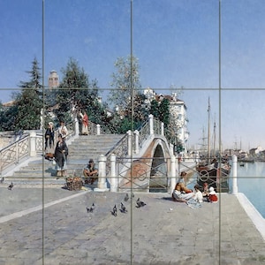 May include: A painting of a bridge over a canal in Venice, Italy. The bridge is made of stone and has a curved arch. There are people walking on the bridge and sitting on the steps leading down to the canal. There are boats docked in the canal.