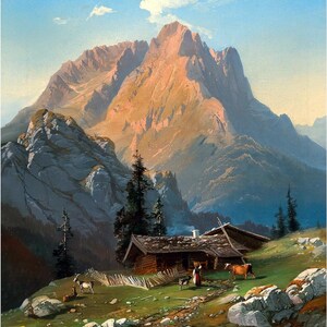 Könnte beinhalten: Ein Gemälde einer Berglandschaft mit einer kleinen Holzhütte im Vordergrund. Die Hütte ist von grünem Gras und Felsen umgeben. Zwei Figuren sind in der Szene zu sehen, eine steht in der Nähe der Hütte und die andere geht auf einem Weg. Der Himmel ist blau mit ein paar weißen Wolken.