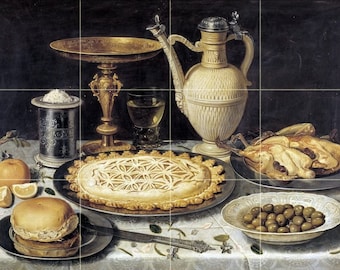 Still Life with a Tart, Roast Chicken by Clara Peeters Tile Mural Kitchen Shower Bath Wall Backsplash Marble Ceramic