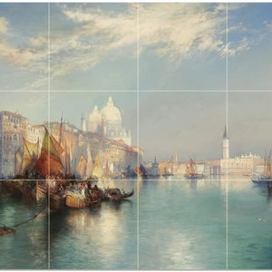 May include: A painting depicting a view of Venice, Italy, with a large, white building in the background and a fleet of boats in the foreground. The sky is a light blue with white clouds.