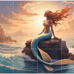 May include: A digital illustration of a mermaid sitting on a rock by the ocean. The mermaid has long flowing orange hair, a gold seashell top, and a blue scaled tail. The background features a sunset with orange and blue hues.