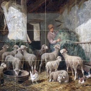 May include: A woman in a barn feeds a flock of sheep hay from a wooden trough. The sheep are gathered around the trough, and there are chickens in the background.