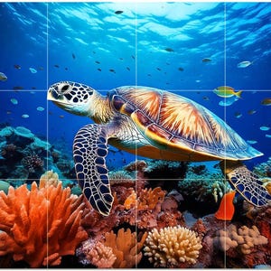 May include: A vibrant underwater scene featuring a sea turtle swimming above a colorful coral reef. The turtle has a patterned shell with shades of brown, yellow, and blue. Numerous fish swim in the clear blue water, adding to the marine life theme.