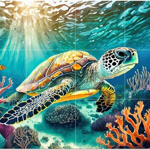 May include: An artistic depiction of a sea turtle swimming underwater. The turtle has a patterned shell with shades of yellow, brown, and green. The scene includes coral reefs in shades of orange, purple, and red, with small yellow and black fish.