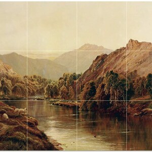 May include: A landscape painting depicting a river flowing through a valley, with mountains in the background. The artwork features sheep grazing on a hillside, trees, and a serene atmosphere. The color palette includes earthy tones of brown, green, and beige.