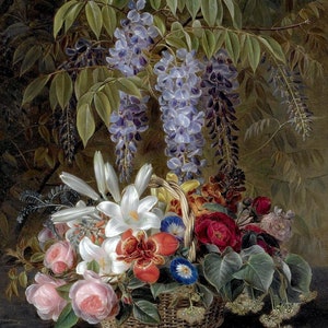 May include: A still life painting featuring a woven basket overflowing with a variety of flowers, including white lilies, pink roses, red orchids, and purple wisteria. The flowers are arranged in a natural, cascading style, creating a sense of abundance and beauty.