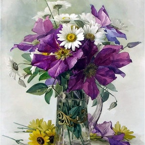 May include: A watercolour painting of a bouquet of purple and white flowers in a clear glass vase with gold accents. The flowers are arranged in a vase with a gold rim and a gold design on the side. The flowers are surrounded by green leaves.