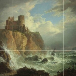 May include: A painting depicting a rocky coastline with a crumbling castle perched on a cliff. The sea is rough and choppy, with waves crashing against the rocks. A small sailboat is caught in the storm, and several figures are seen on the shore.