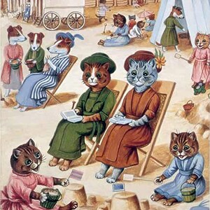 May include: A vintage illustration of cats and dogs enjoying a day at the beach. The cats are wearing clothing and are sitting in beach chairs, reading books, and building sandcastles. The dogs are wearing clothing and are playing in the sand.