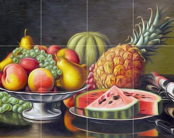 Still Life by Levi Wells Prentice Fruit Pineapple Watermelon Grapes Peach Tile Mural Kitchen Shower Bath Wall Backsplash Marble Ceramic