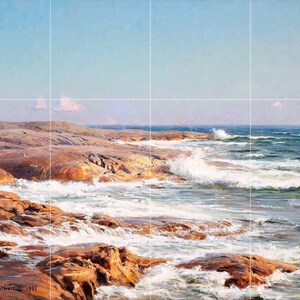 May include: A painting of a rocky coastline with crashing waves. The sky is a light blue with a few white clouds. The water is a deep blue and the rocks are a reddish brown.