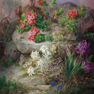 May include: A detailed painting of a mountain landscape featuring various wildflowers. Pink and red rhododendrons, white edelweiss, and purple irises are depicted. A butterfly rests on a rock, with a backdrop of mountains and a cloudy sky.