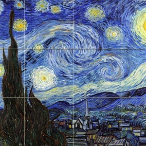May include: A painting of a starry night sky with a crescent moon and a village in the foreground. The sky is a deep blue with swirling clouds and bright yellow stars. The village is a dark silhouette against the sky.