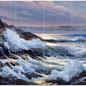 May include: A painting of a seascape with crashing waves against rocky cliffs. The sky is a soft purple and blue with a few white birds flying overhead. The water is a deep blue with white foam and a golden glow reflecting off the surface.
