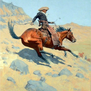 May include: A cowboy on horseback rides through a rocky, desert landscape. The horse is brown with a black mane and tail, and the cowboy is wearing a brown hat, a dark blue shirt, and brown pants. The cowboy is holding a rope in his left hand.