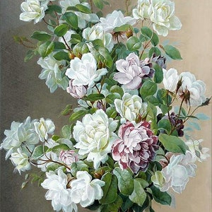 Still Life Bouquet of White and Pink Roses by Raoul Maucherat de Longpre Accent Tile Mural Kitchen Bathroom Wall Backsplash One Tile Ceramic