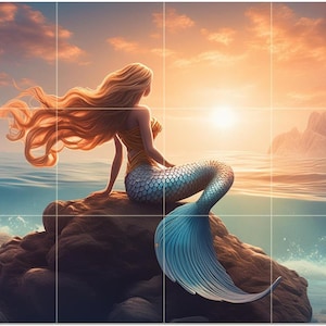 May include: A digital art print of a mermaid sitting on a rock, gazing at a sunset over the ocean. The mermaid has long, flowing blonde hair, a gold top, and a silver and blue scaled tail. The sky is filled with orange and pink hues.