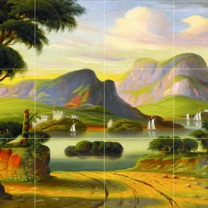 Landscape with Castle and Boats by Thomas Chambers Sea Lake River Road Trees Tile Mural Kitchen Shower Bath Wall Backsplash Marble Ceramic