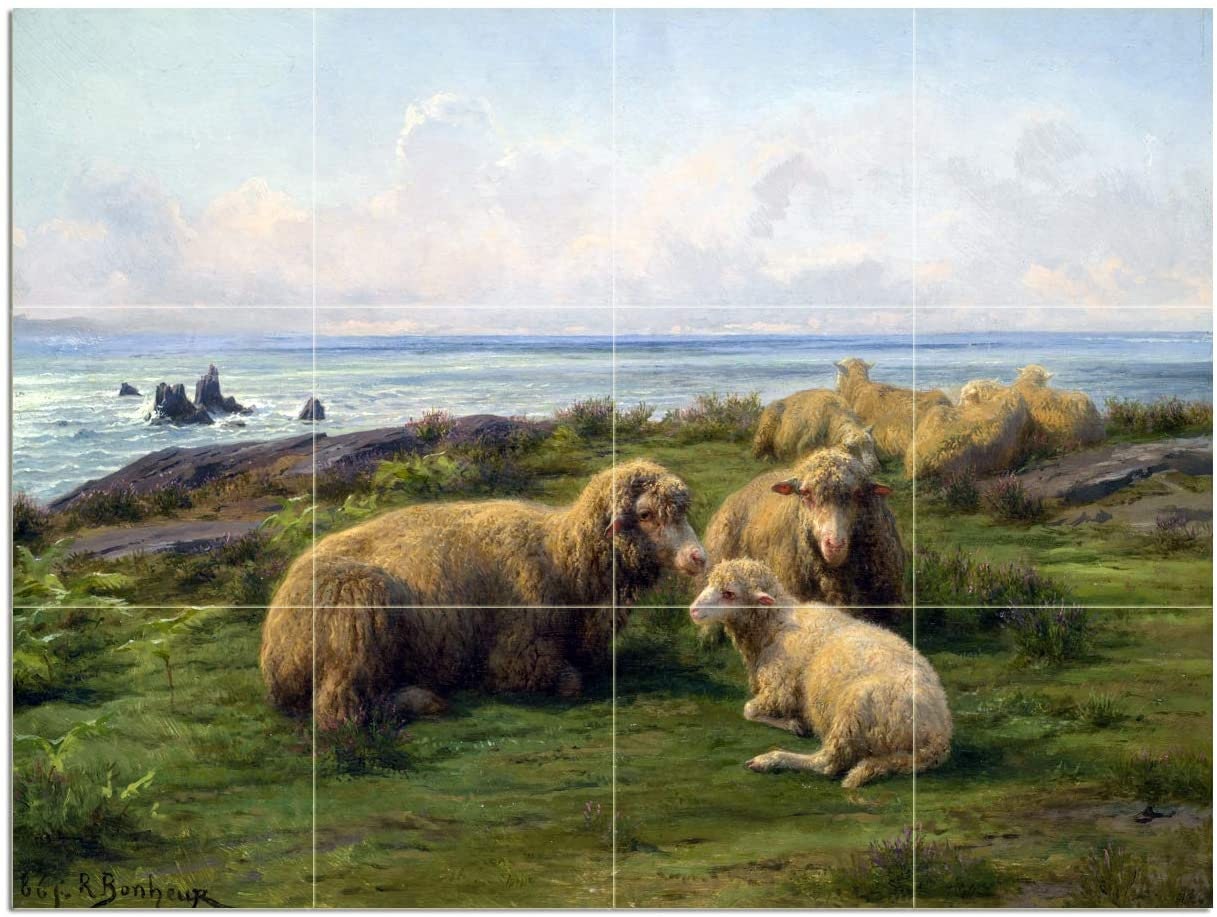 Lot De Carreaux Muraux En Céramique Marbrée - Motif "Sheep Shore Sea" - Pour Cuisine Ou Salle De Bain