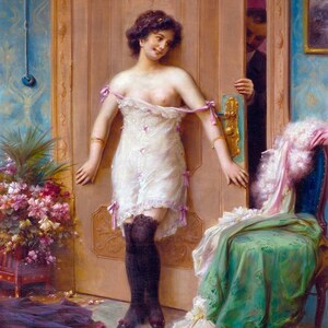 May include: A woman in a white lace nightgown with pink ribbons stands in a doorway, looking back at a man peeking out from behind the door. The woman is wearing black stockings and shoes. The room is decorated with a floral arrangement and a green velvet chair.