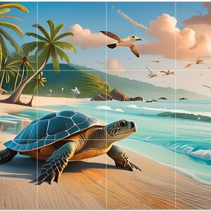 May include: A digital art print depicts a serene beach scene. A large sea turtle with a blue and green shell rests on the sand. Palm trees, a small hut, and seagulls flying in the sky complete the tropical landscape. The ocean waves are a turquoise color.