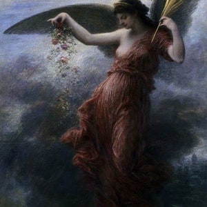Può includere: Dipinto a olio di una figura alata in un abito rosso fluente, con fiori e una fronda dorata. La figura è ambientata su un cielo nuvoloso con un paesaggio urbano distante, evocando grazia e bellezza eterea.